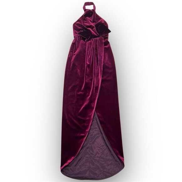 Black Halo, Estelle Smashing Berry High-Low Velvet Halter Bow Gown, Women’s 4 - Picture 4 of 15